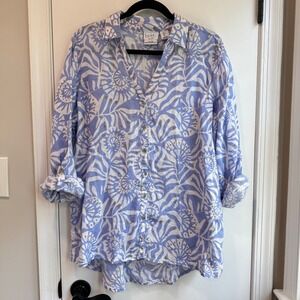 Nicole Miller‎ Linen Button Down Shirt Lavender Floral Print Roll Tab Sleeve L